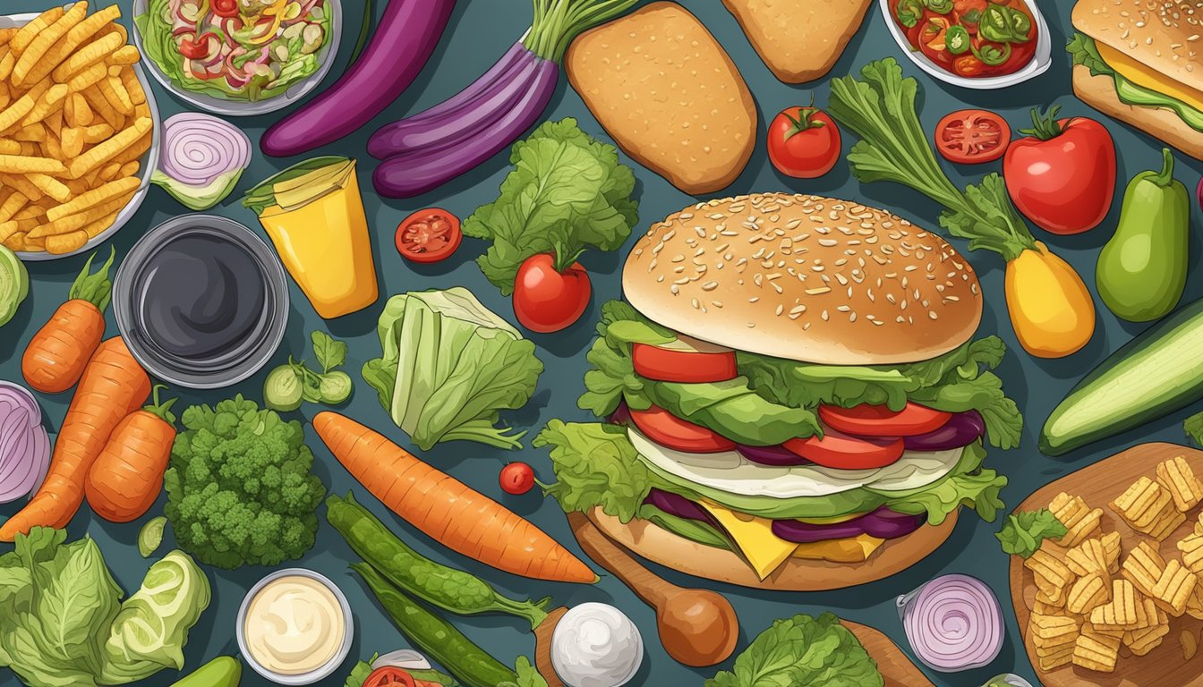 A colorful spread of fresh vegetables and lean proteins contrasted with greasy, processed fast food items