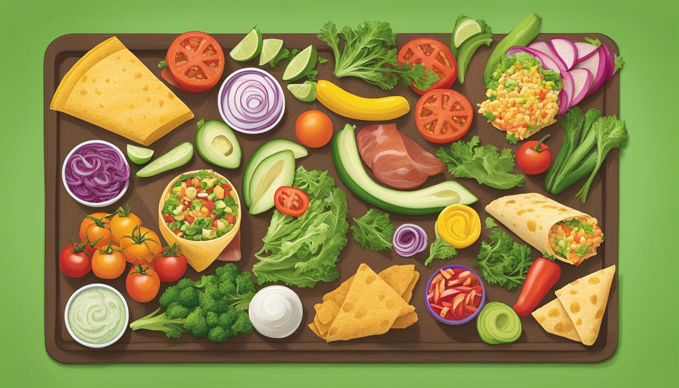 A colorful array of fresh vegetables and lean proteins displayed on a vibrant menu board at Del Taco, offering healthy options beyond the main menu