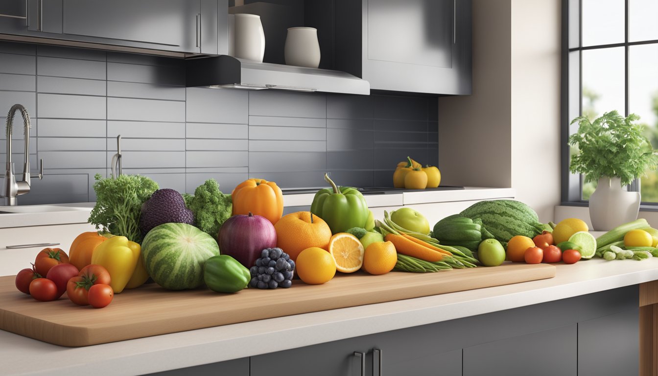 A colorful array of fresh fruits and vegetables displayed on a clean, modern kitchen counter