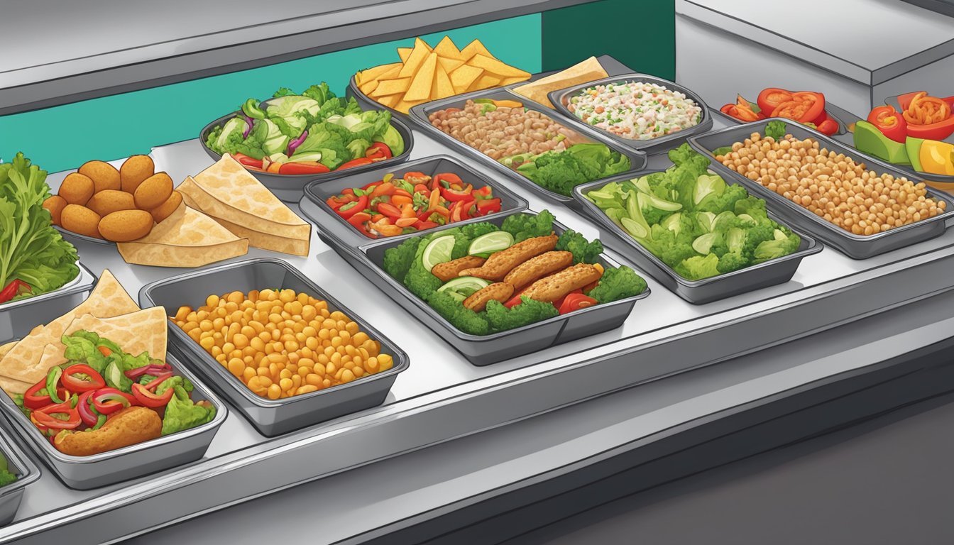 A colorful array of fresh vegetables and lean proteins displayed next to a variety of fast food options, including salads and grilled chicken at Del Taco