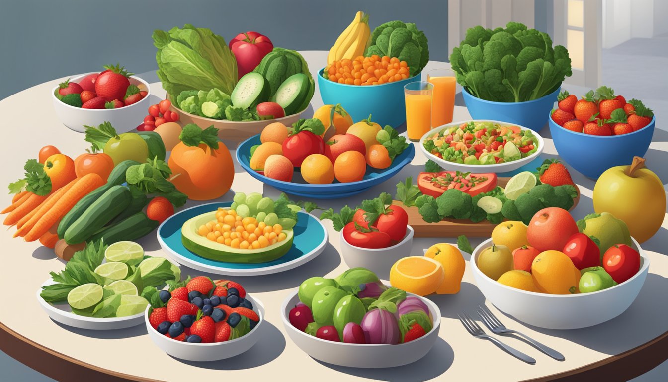 A vibrant array of fresh fruits and vegetables displayed on a table, with a variety of healthy dishes from different restaurants on DoorDash surrounding them