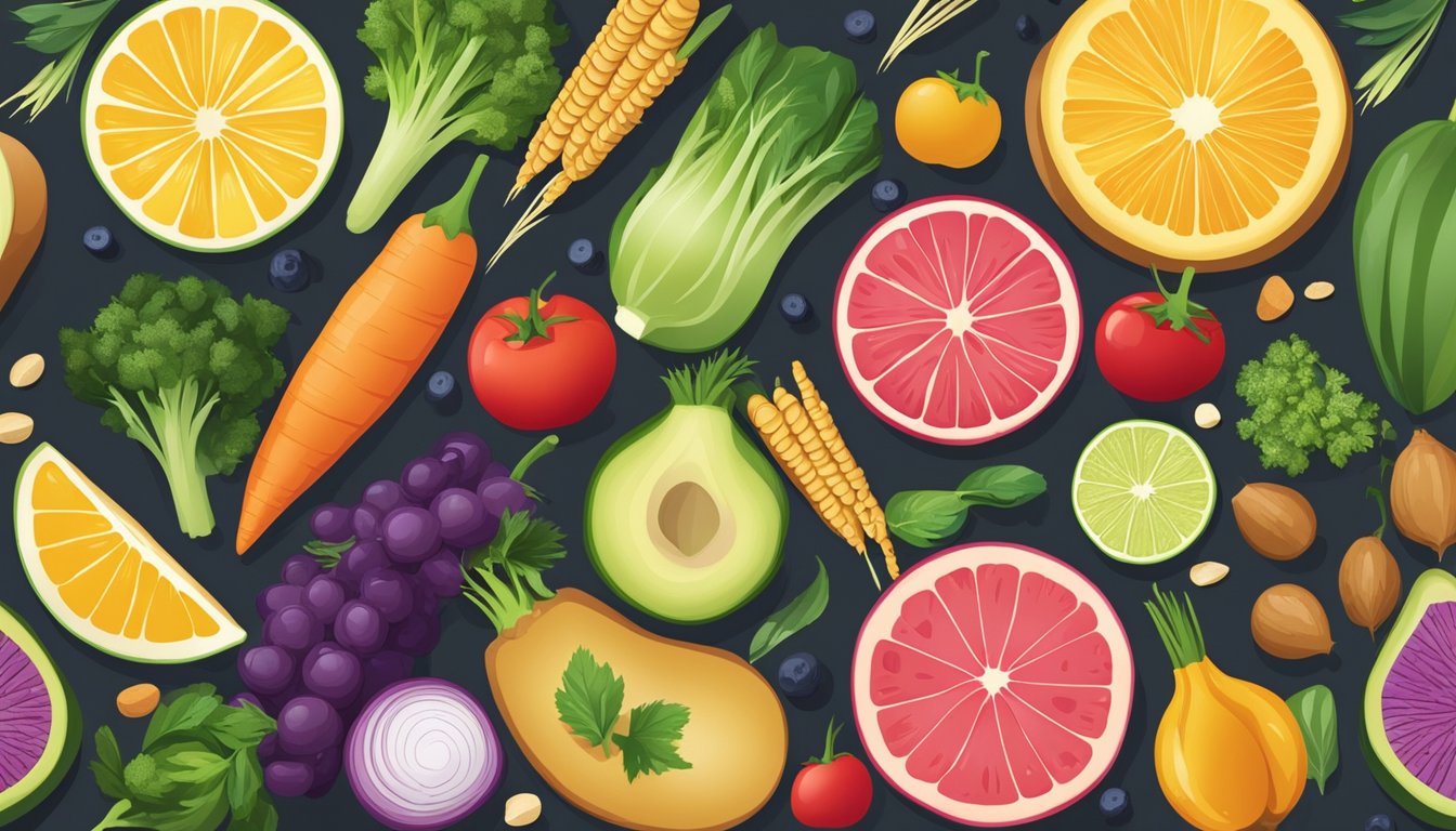 A colorful array of fresh vegetables and fruits displayed on a table, with a variety of whole grains and lean proteins nearby