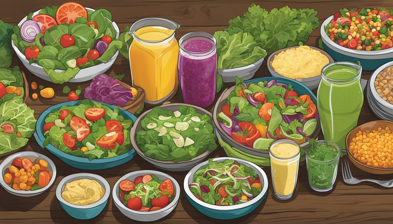 A colorful array of fresh salads and nutrient-rich dishes displayed on a rustic wooden table at Mellow Mushroom. Green leafy vegetables, vibrant fruits, and wholesome grains create an inviting and healthy spread