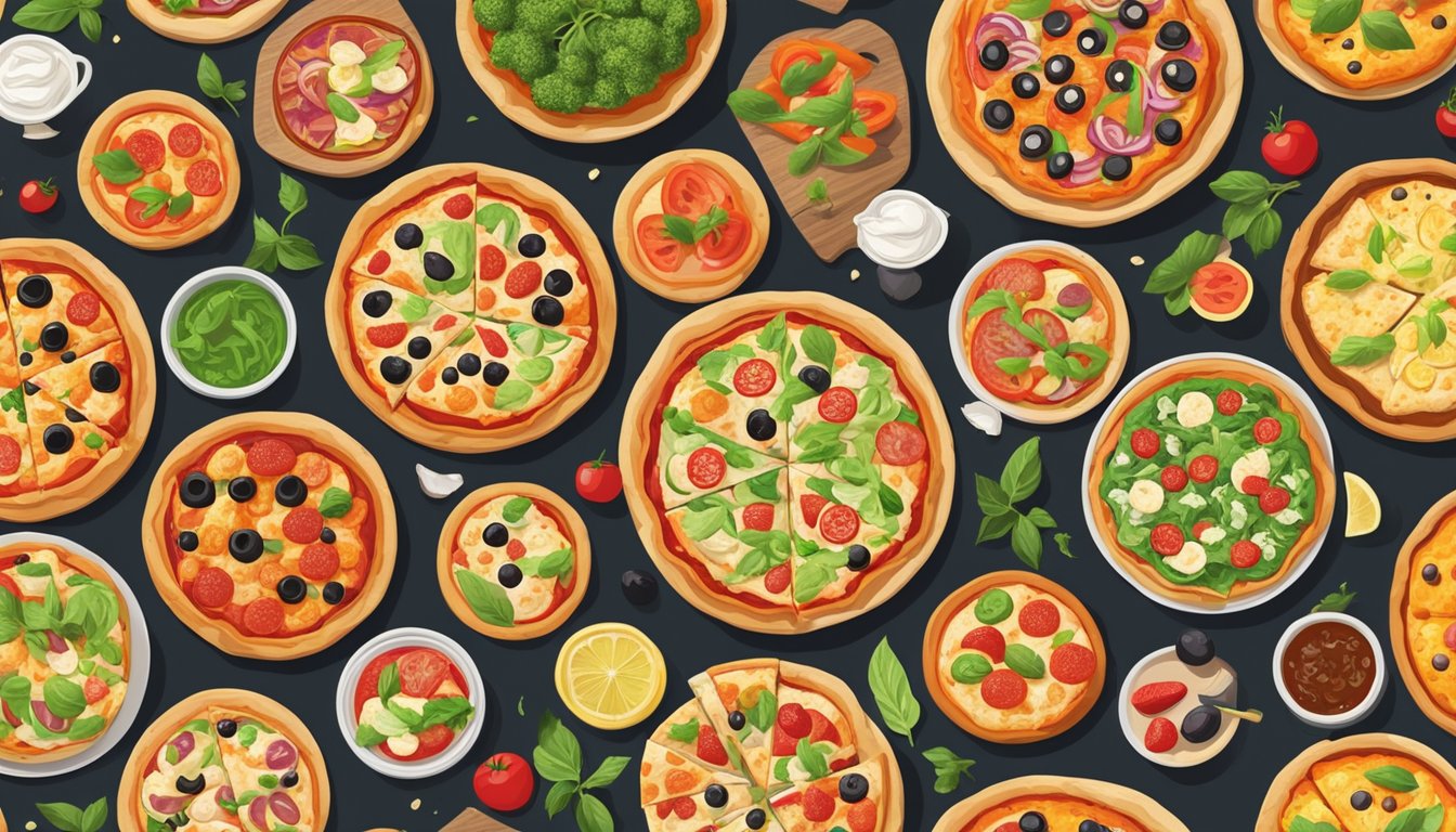 A colorful array of specialty pizzas with fresh, vibrant toppings and a variety of healthier crust options, displayed on a rustic wooden table