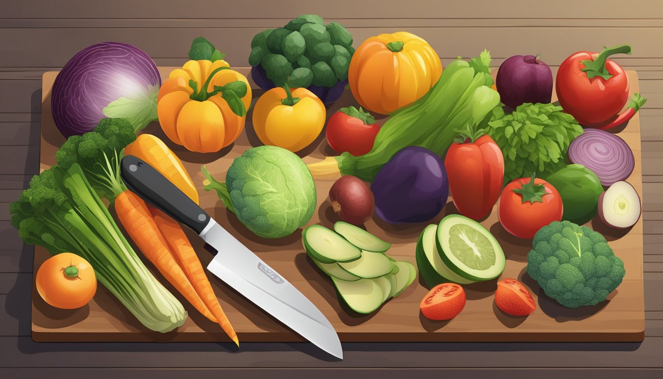 A variety of fresh fruits and vegetables arranged on a table, with a chef's knife and cutting board nearby