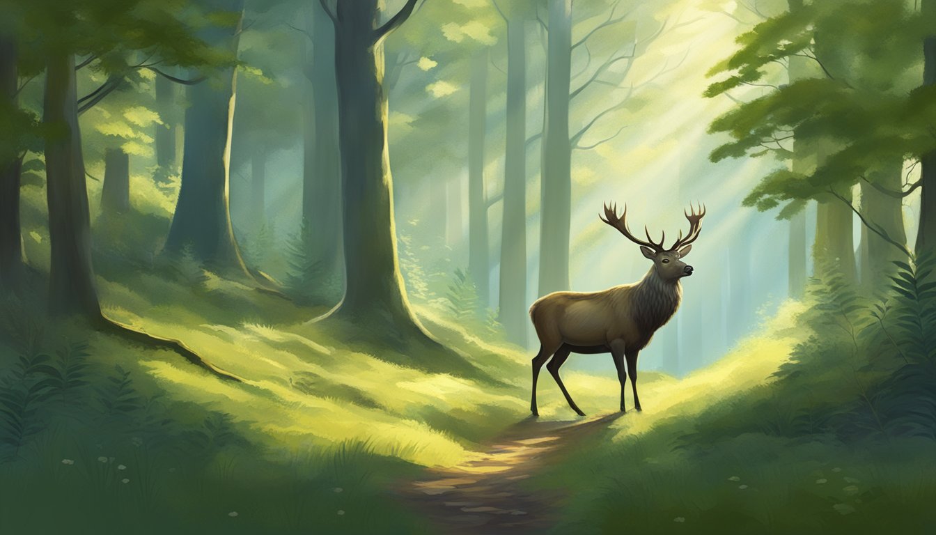 A tranquil forest clearing with a majestic stag standing proudly, surrounded by lush greenery and dappled sunlight filtering through the trees