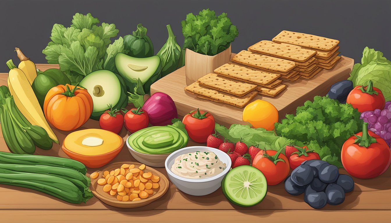 A colorful array of fresh vegetables and fruits, along with a variety of whole grain crackers and lean protein options, are arranged on a wooden cutting board, ready to be enjoyed as low-calorie munchies and appetizers