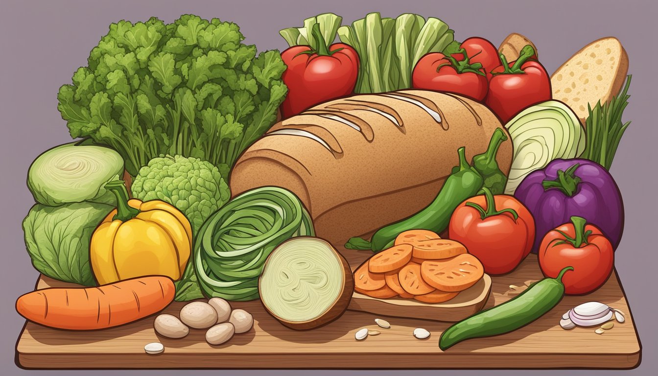 A colorful array of fresh vegetables, whole grain bread, and lean proteins displayed on a wooden cutting board. A variety of healthy ingredients for crafting nutritious hoagies and sandwiches at Mellow Mushroom