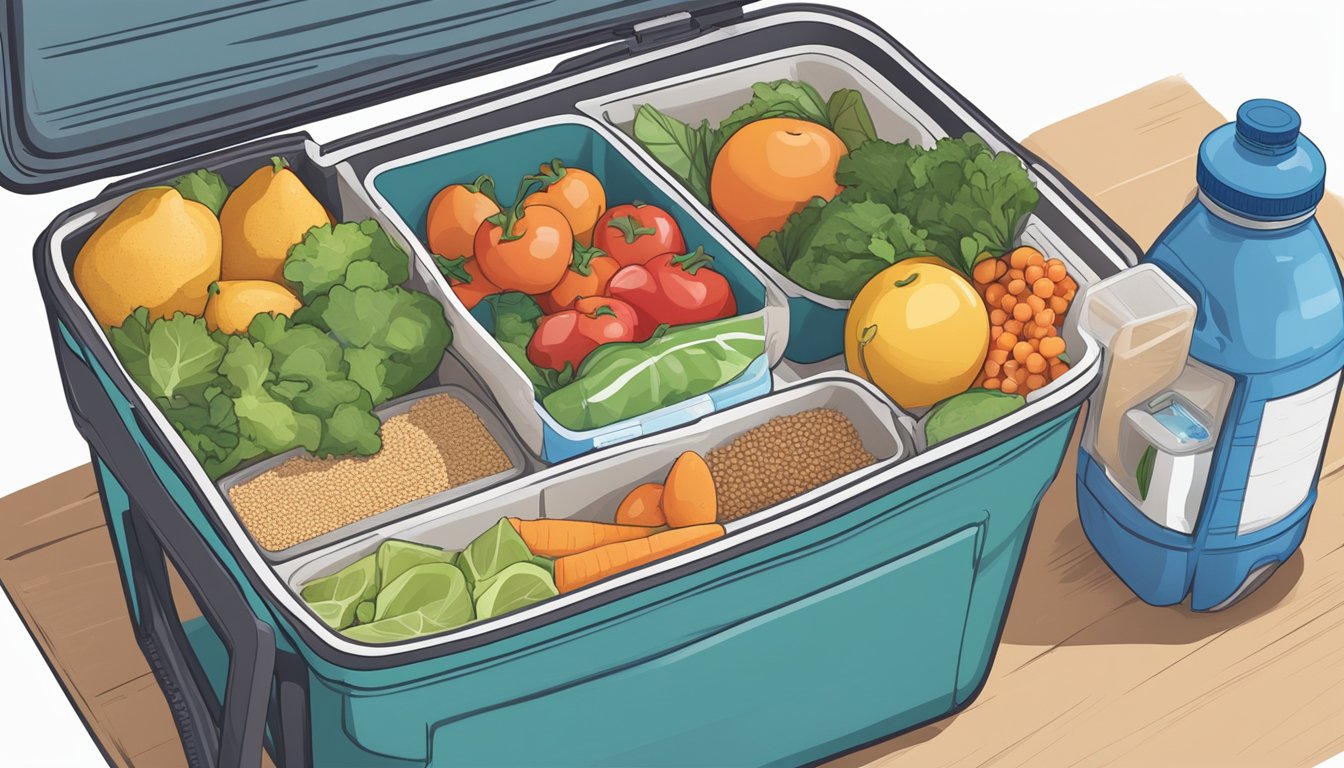 A person unpacking a cooler filled with fresh fruits, vegetables, and pre-portioned containers of lean proteins and whole grains. A map and a water bottle are nearby