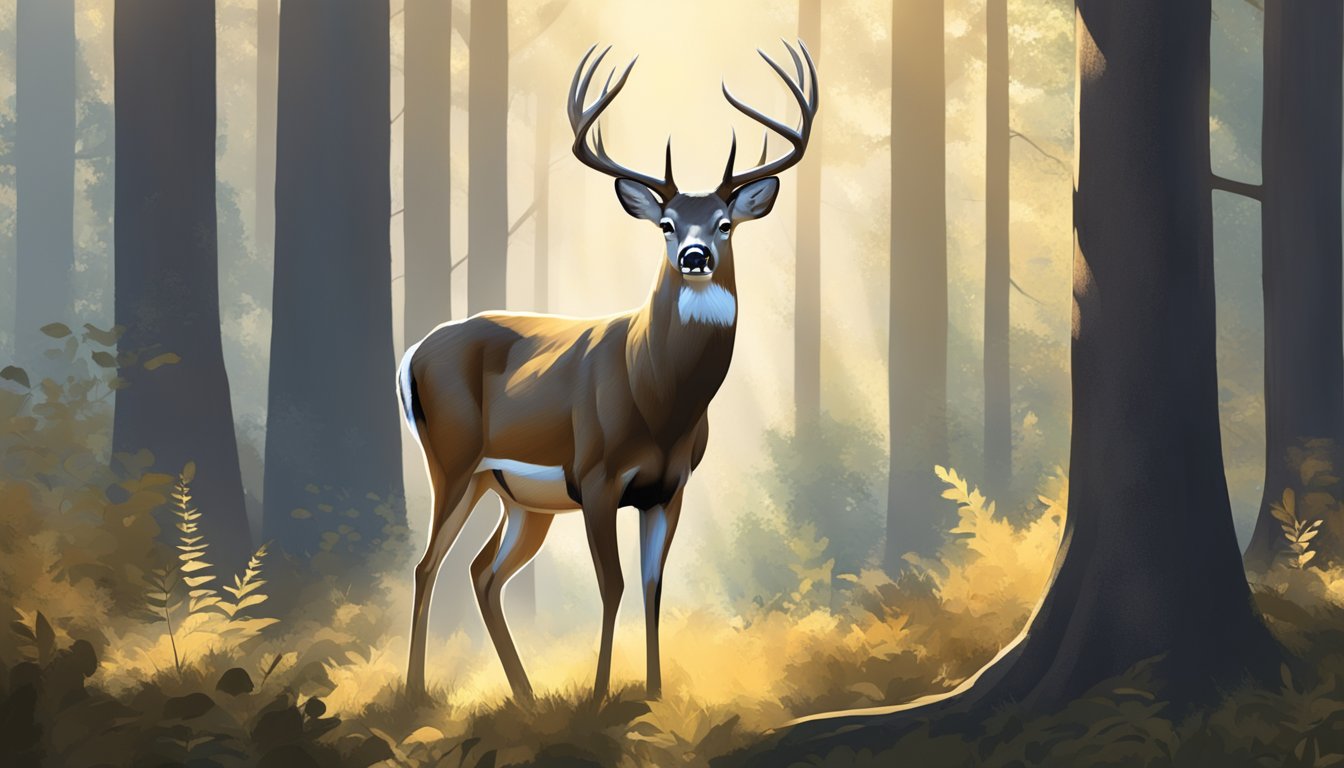 A majestic whitetail deer standing alert in a dense forest, with sunlight filtering through the trees and casting dappled shadows on the ground