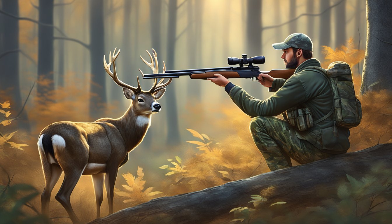 A hunter in camouflage aiming a rifle at a majestic deer in a forest clearing