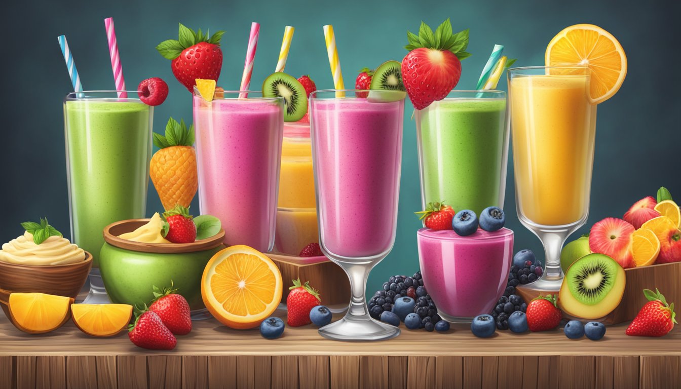 A colorful array of fresh fruit smoothies and vibrant, nutrient-packed desserts displayed on a rustic wooden table