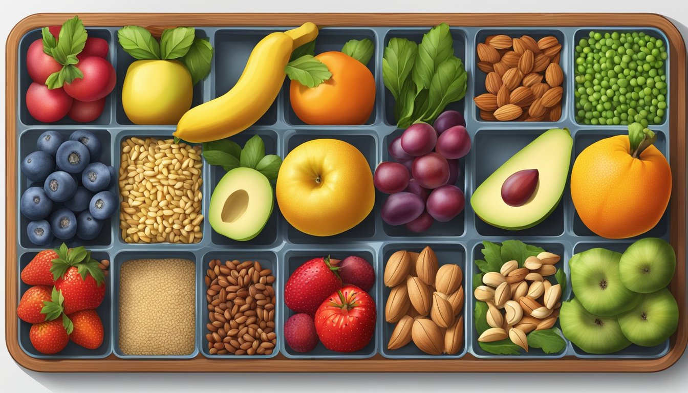 A variety of colorful fruits, vegetables, nuts, and grains arranged neatly on a portable tray