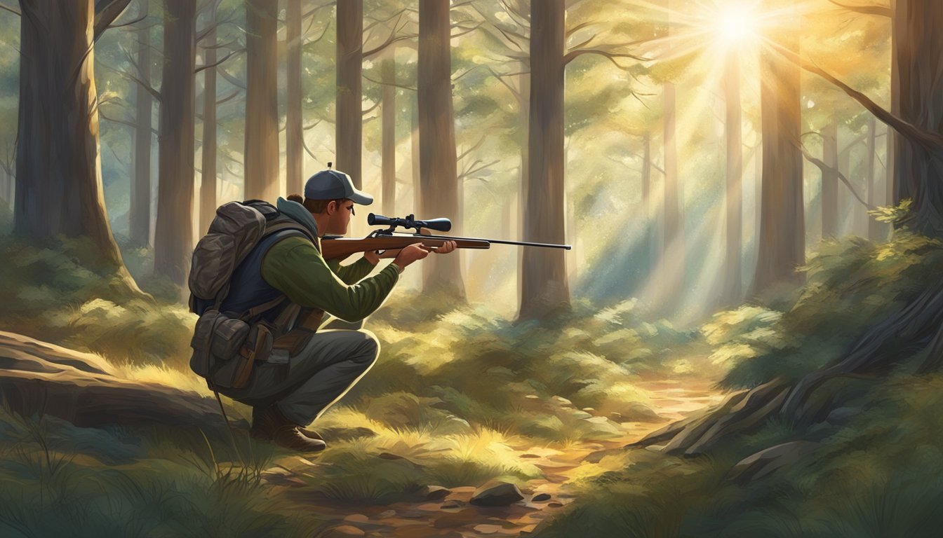 A hunter crouches in a forest, aiming a rifle at a majestic buck. The sun filters through the trees, casting dappled light on the scene