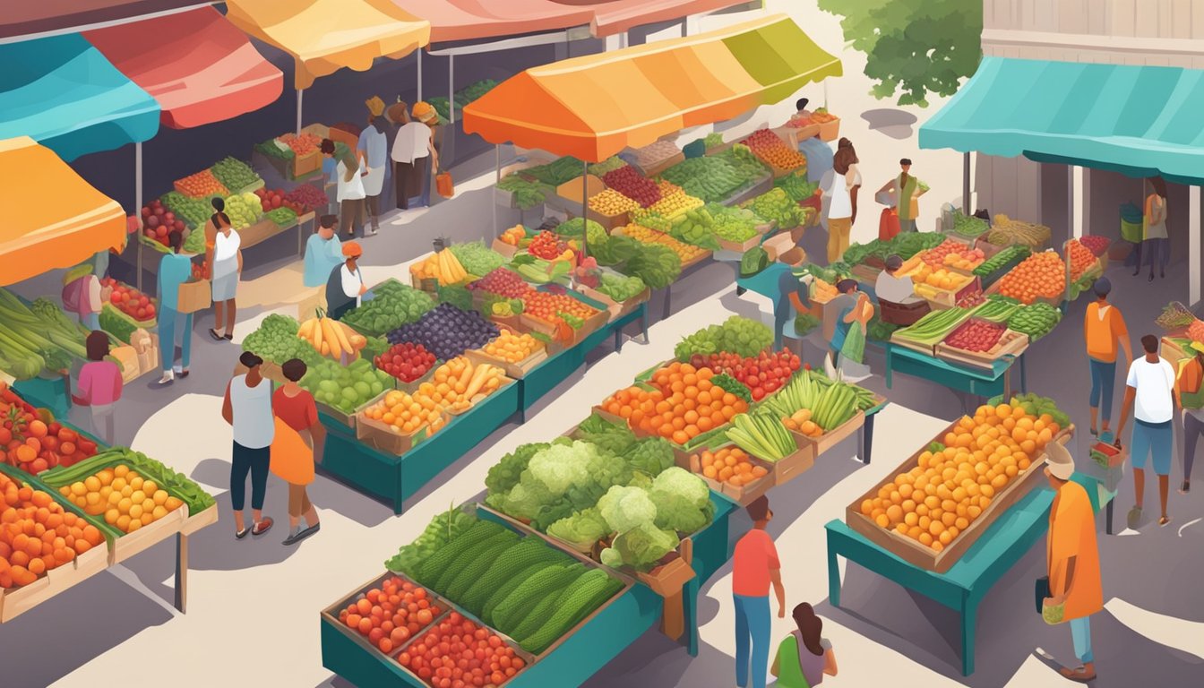 A colorful farmer's market with an array of fresh fruits and vegetables, surrounded by people browsing and buying