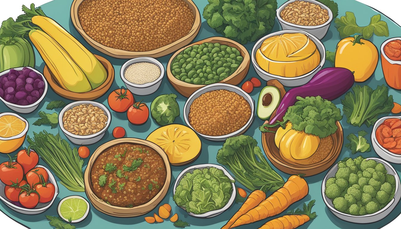 A colorful array of fresh vegetables, fruits, and whole grains arranged on a table, accompanied by a variety of healthy menu options at Mellow Mushroom