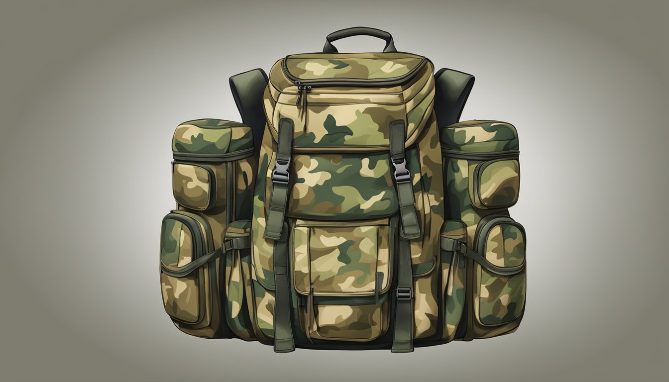 A backpack with multiple compartments and adjustable straps, designed for carrying hunting gear, including a rifle holder and camouflage pattern