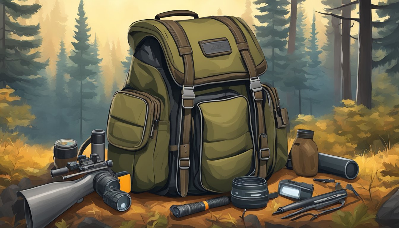 A hunter's backpack with specialized compartments for deer hunting gear, surrounded by a forested hunting ground