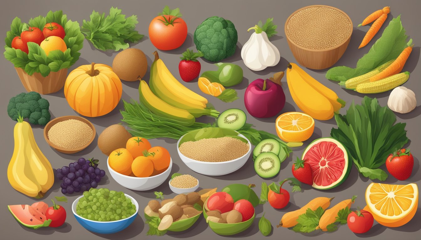 A colorful array of fresh fruits, vegetables, and whole grains arranged on a table, with a variety of dietary labels and symbols displayed nearby