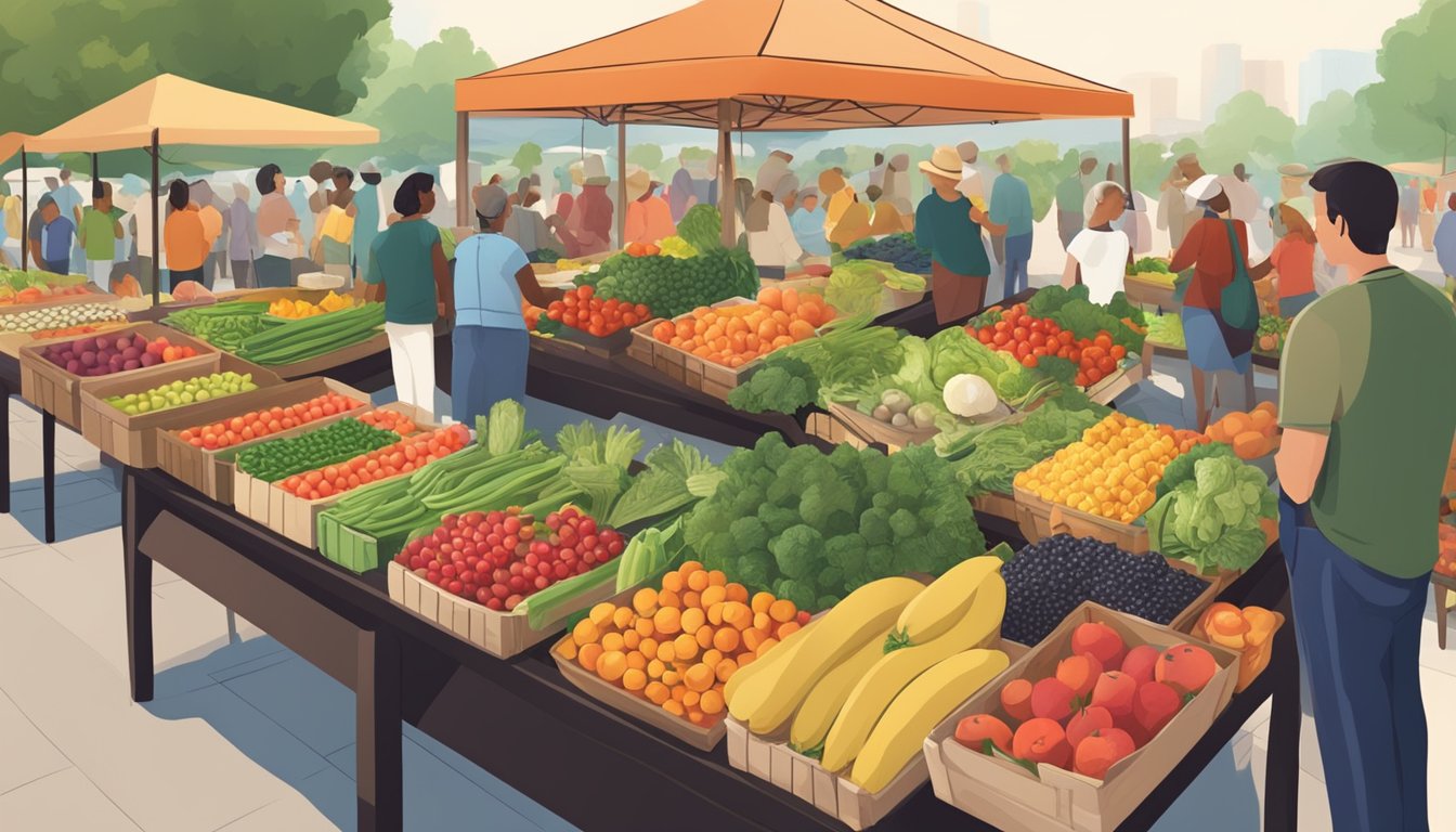 A farmer's market with colorful fruits and vegetables displayed on tables, surrounded by people browsing and selecting healthy food options