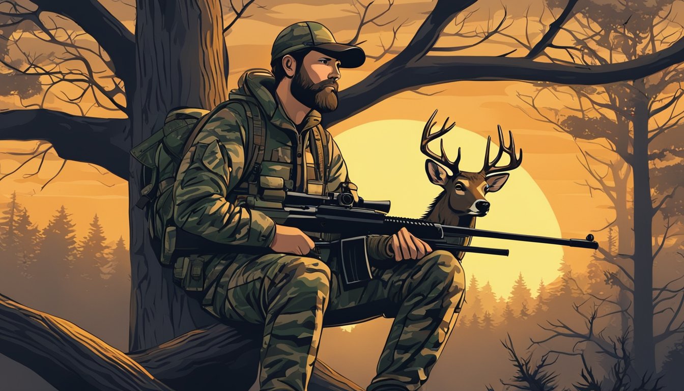 A hunter in camouflage sits in a tree stand at dawn, rifle ready. A sign nearby displays deer hunting hours