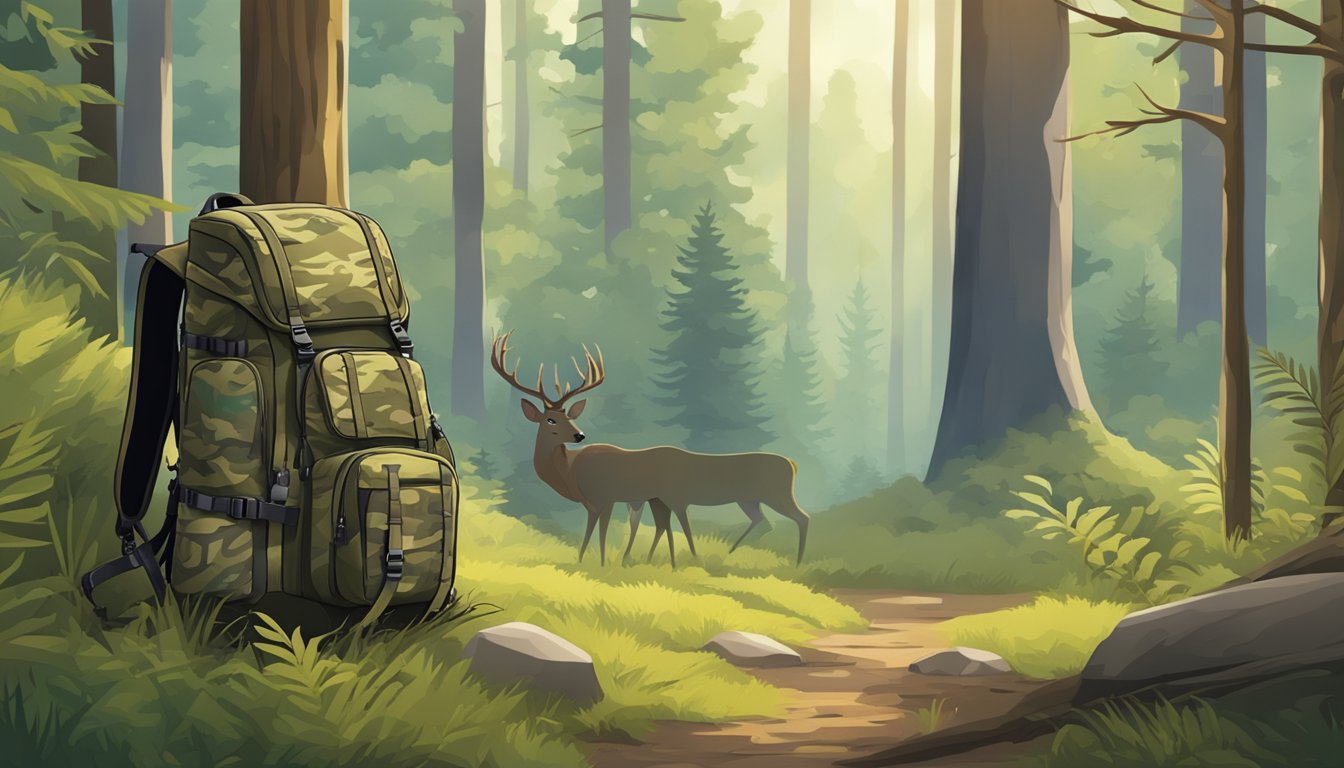 A backpack with specialized compartments for hunting gear, including a rifle holder and camouflage pattern, sits in a forest clearing with a deer in the background