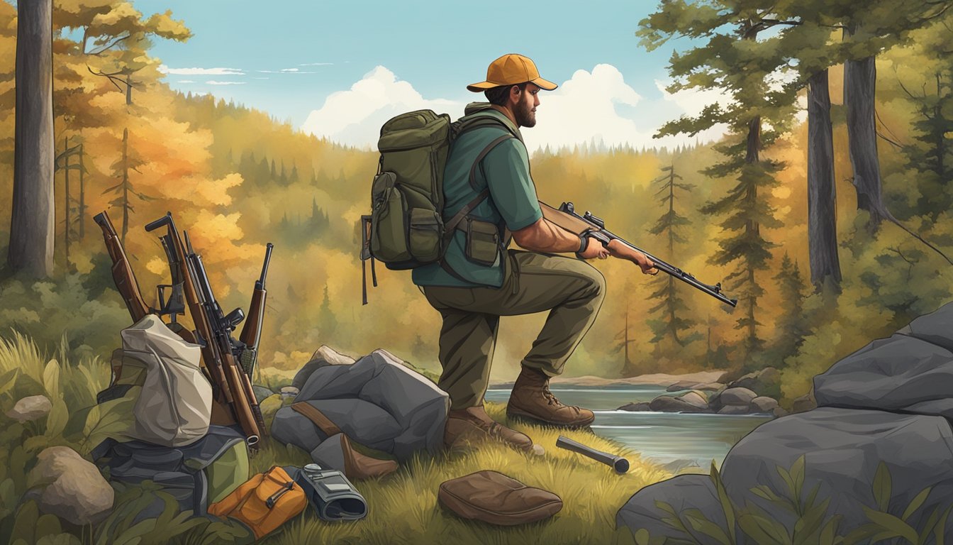 A hunter packing a backpack with hunting gear and supplies, including a rifle, ammunition, water, and food. The backpack is set against a backdrop of trees and wilderness