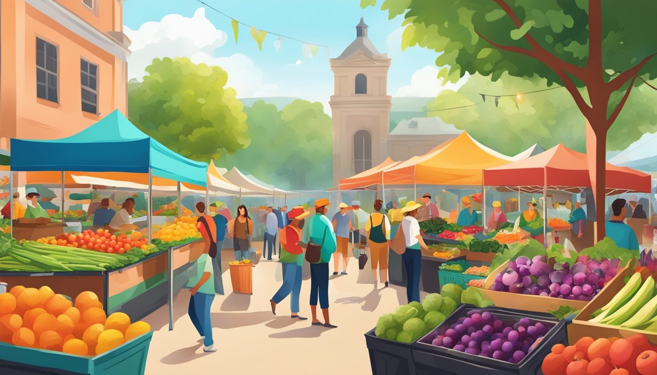 A vibrant farmers' market with colorful produce, organic products, and people enjoying outdoor activities