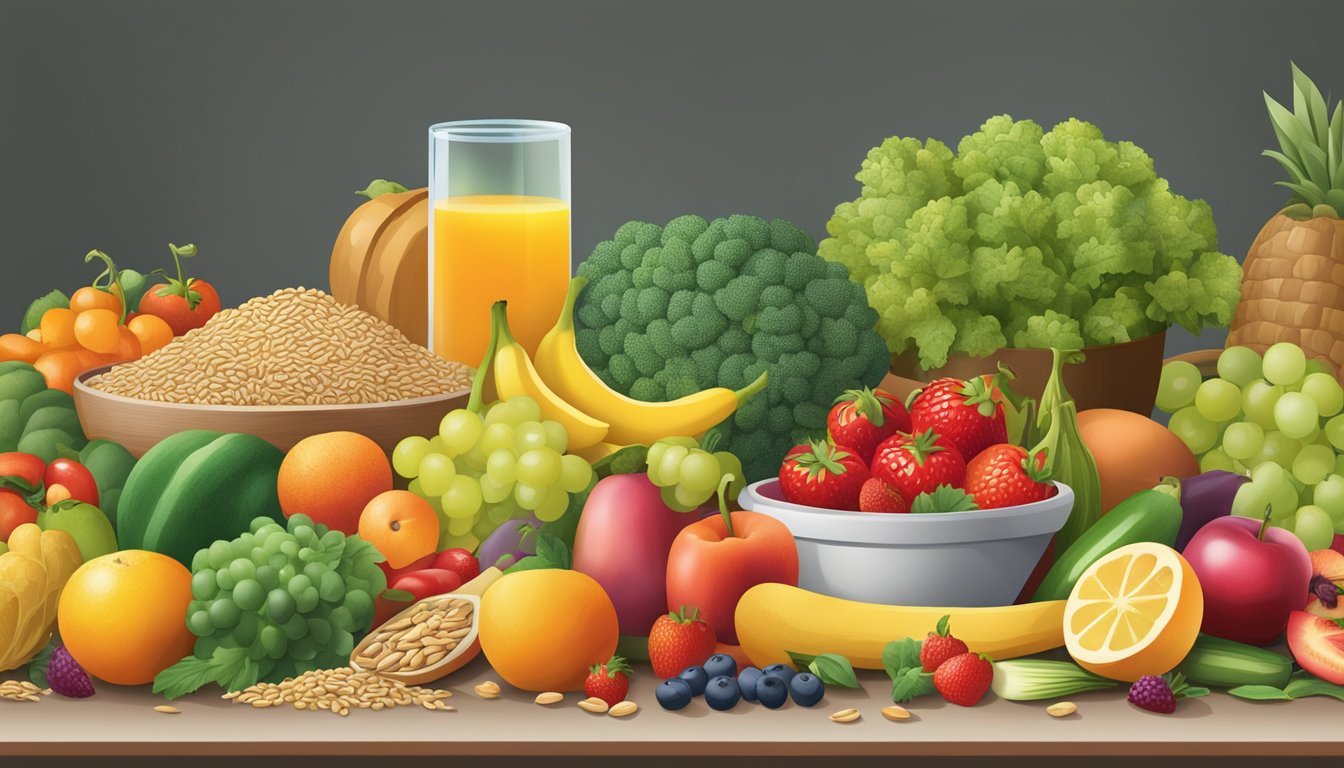 A colorful array of fresh fruits, vegetables, and whole grains displayed on a table, with a variety of healthy lunch options nearby