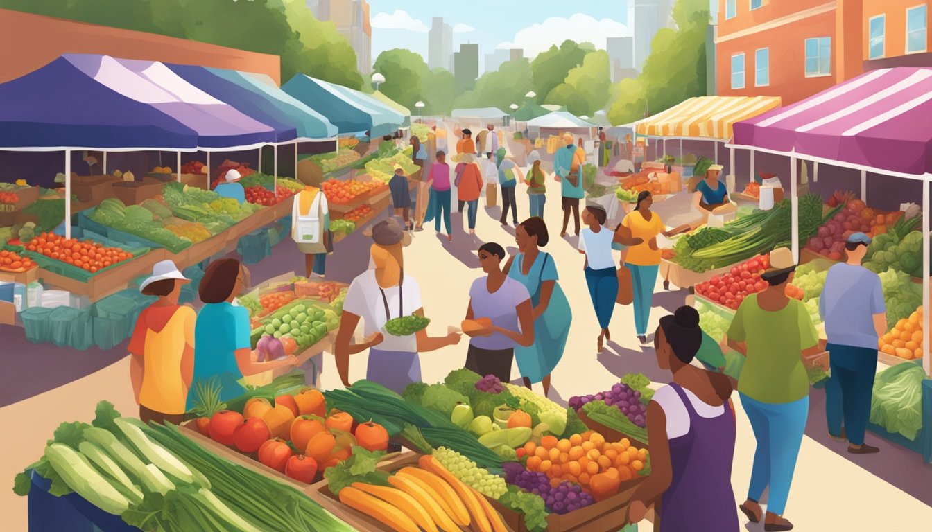 A vibrant farmers' market with an array of fresh fruits, vegetables, and whole foods. Vendors and customers interact in a lively, bustling atmosphere