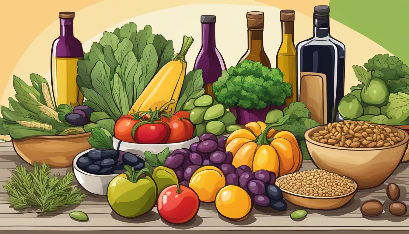 A colorful array of fresh vegetables, fruits, and whole grains arranged on a table, with a bottle of olive oil and a bowl of olives as the centerpiece