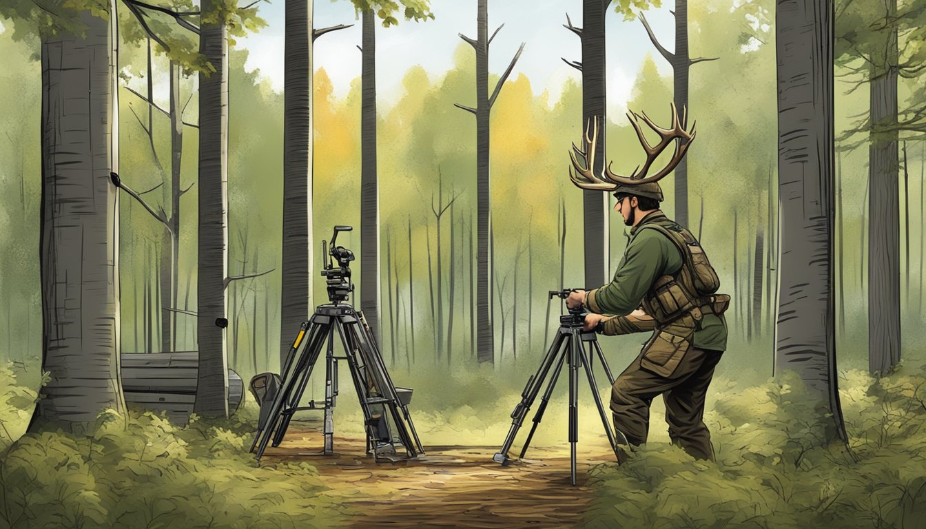 A hunter carefully inspects a sturdy tripod deer hunting stand, oiling hinges and tightening bolts in a wooded clearing