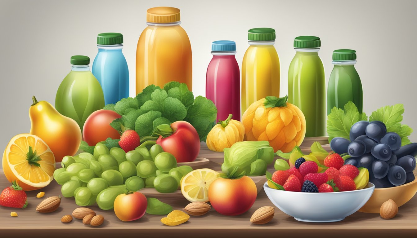 A table set with a variety of fresh fruits, vegetables, nuts, and water bottles