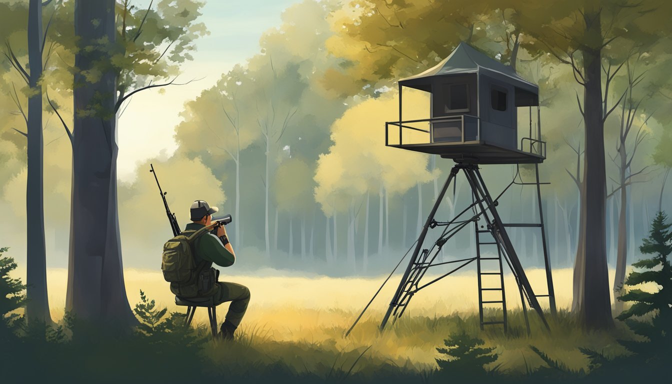 A hunter sits quietly in a tripod deer hunting stand, surrounded by trees and the peaceful sounds of nature