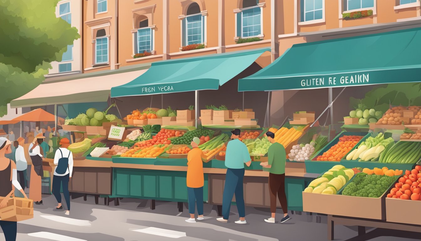 A bustling farmers market with colorful stalls offering fresh fruits, vegetables, and organic products. A sign advertises gluten-free and vegan options