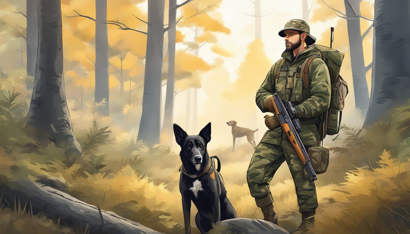 A hunter in camouflage gear with a rifle and a hunting dog standing in a forest clearing, surrounded by trees and wildlife