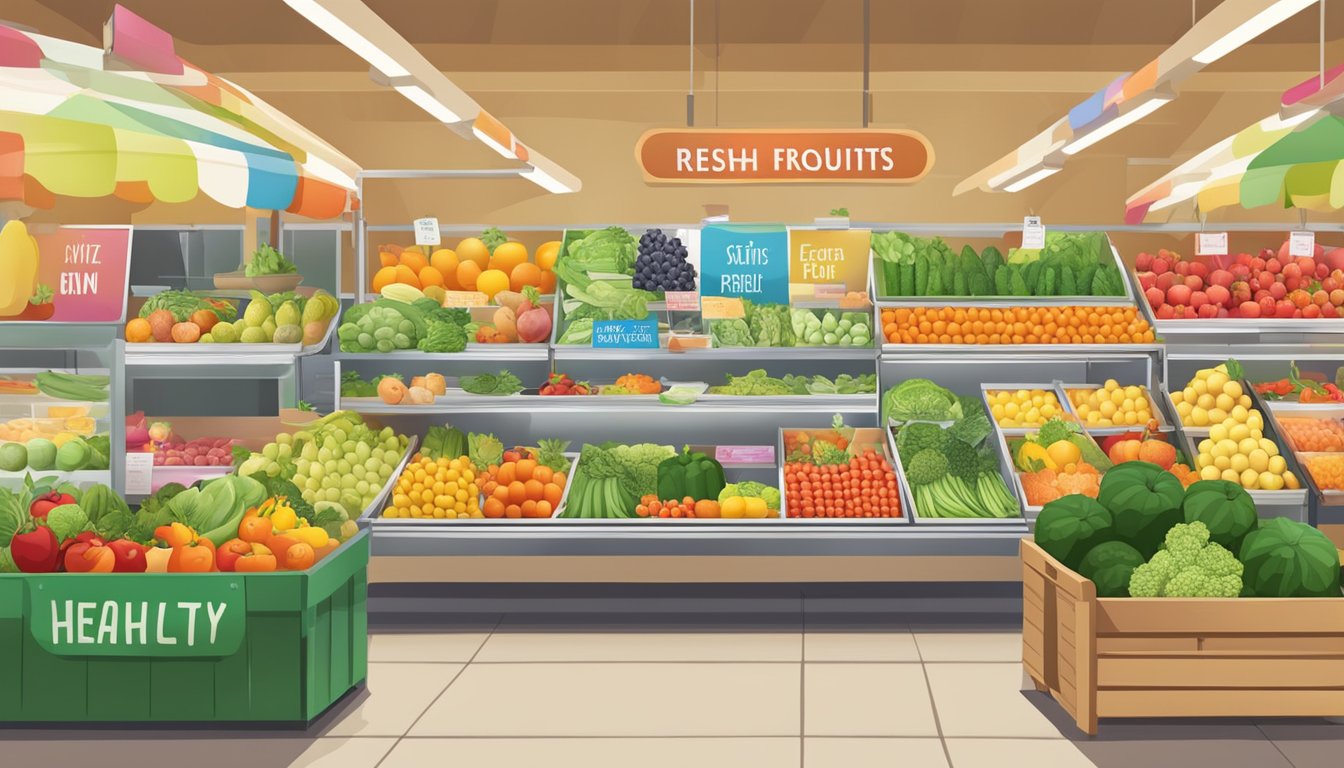 A colorful array of fresh fruits and vegetables displayed at a local market. Bright signage highlights healthy eating options