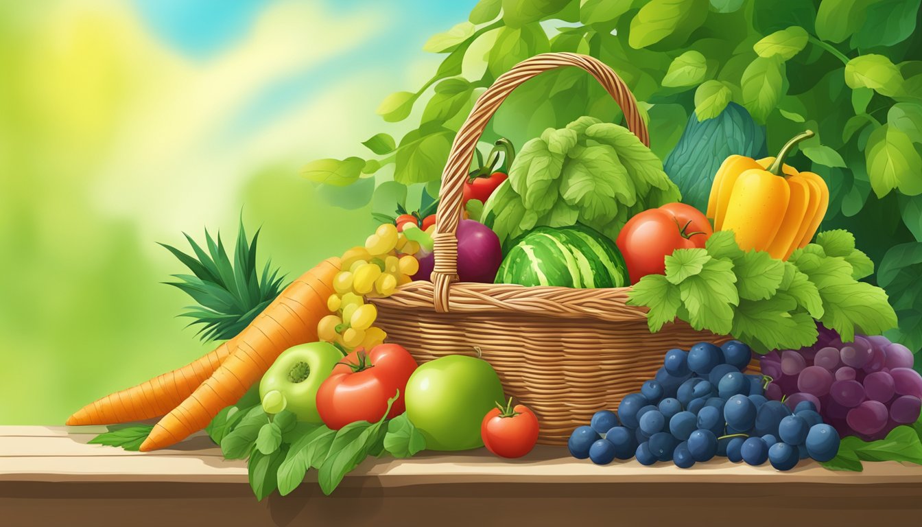 A colorful array of fresh fruits and vegetables spilling out of a wicker basket, surrounded by vibrant green leaves and a clear blue sky in the background