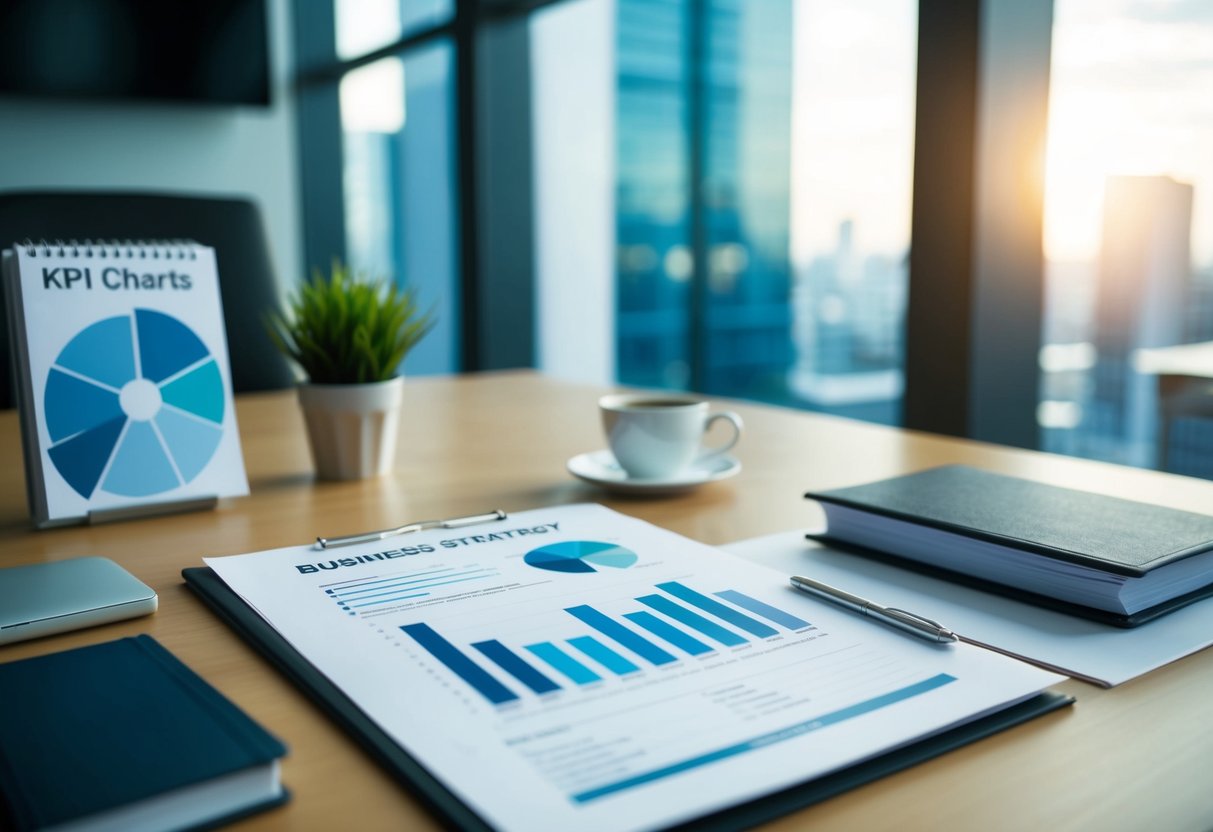 Un document de stratégie commerciale avec des graphiques KPI et un guide sur un bureau