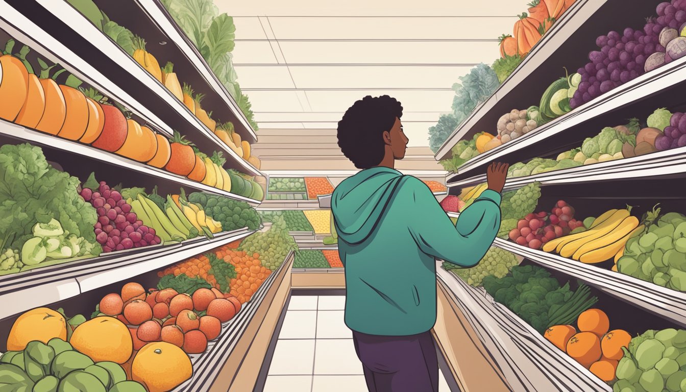 A person reaching for a variety of fresh fruits and vegetables at a grocery store