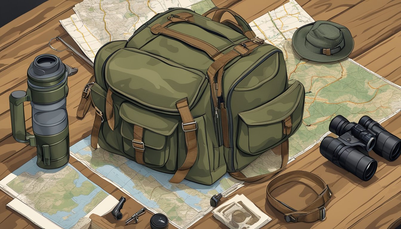 A hunter's backpack, rifle, camouflage clothing, and binoculars laid out on a wooden table with a map of the best states for whitetail deer hunting