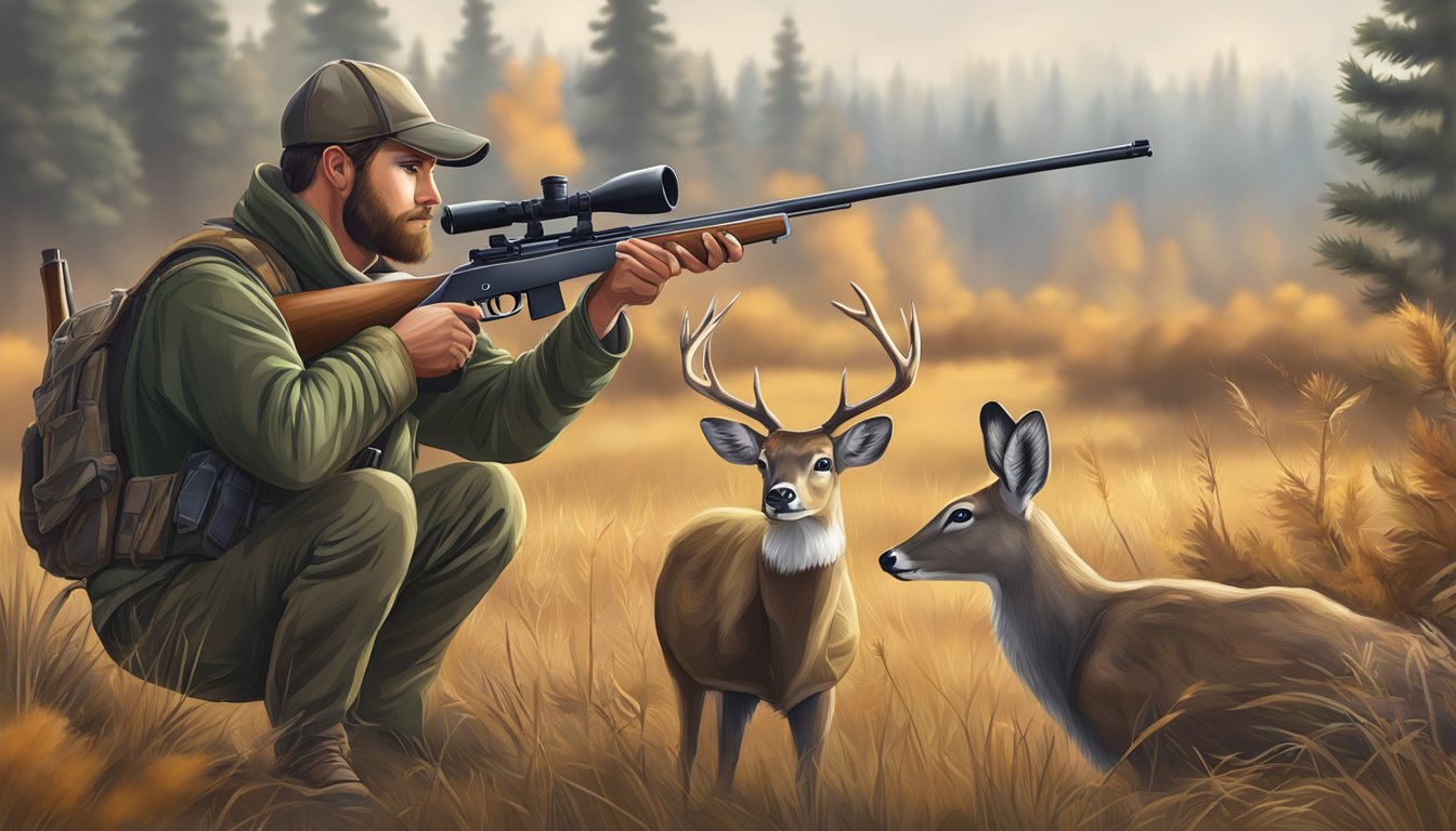 A hunter holds a rifle with a small caliber, while a deer stands in the distance, unharmed