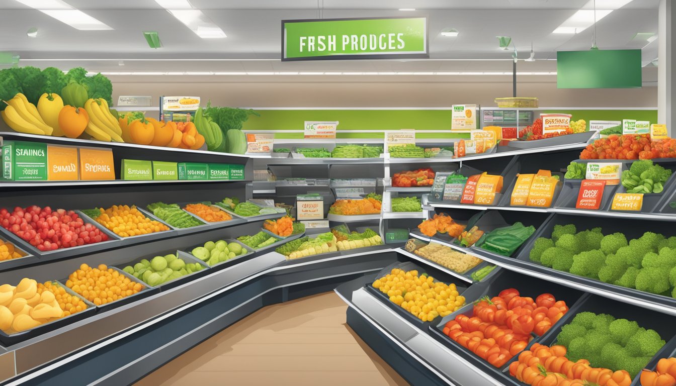 A display of fresh produce and packaged healthy snacks with prominent pricing labels and "savings" signs