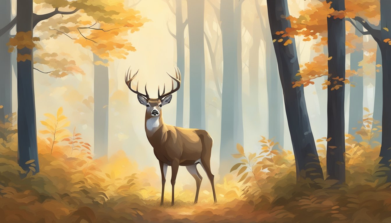 A serene forest clearing in autumn, with vibrant foliage and a calm, still atmosphere. A majestic whitetail deer stands alert, its ears perked up, ready to bolt at any sign of danger