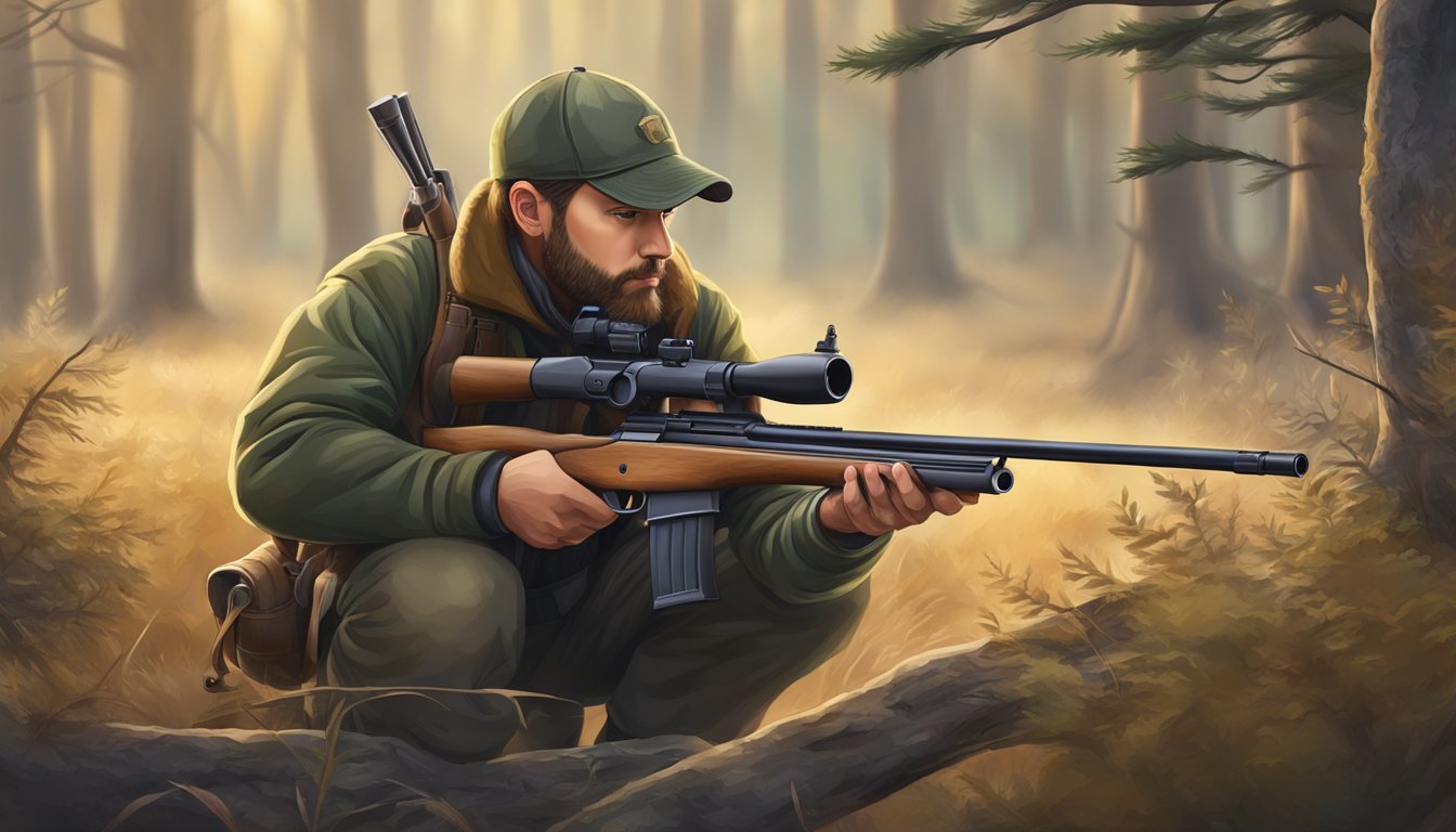 A hunter holding a rifle with a small caliber, missing a deer at close range