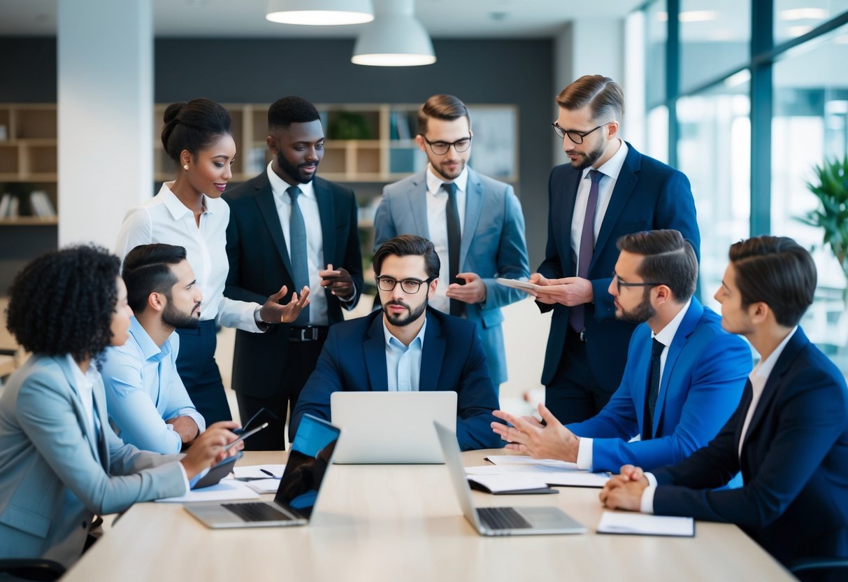 Un groupe diversifié de professionnels discutant et échangeant des idées dans un cadre de bureau moderne.