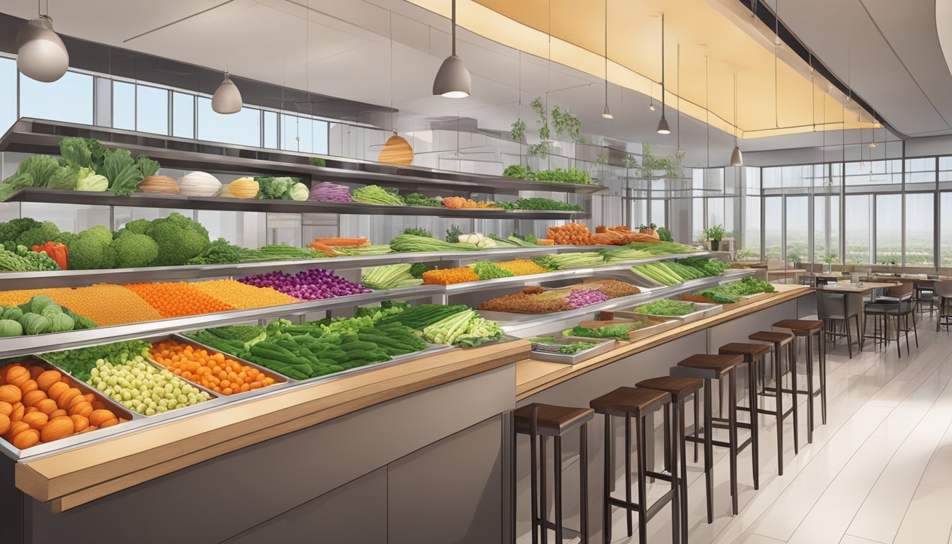 A colorful array of fresh vegetables, grains, and lean proteins displayed in a modern, inviting setting at Cava