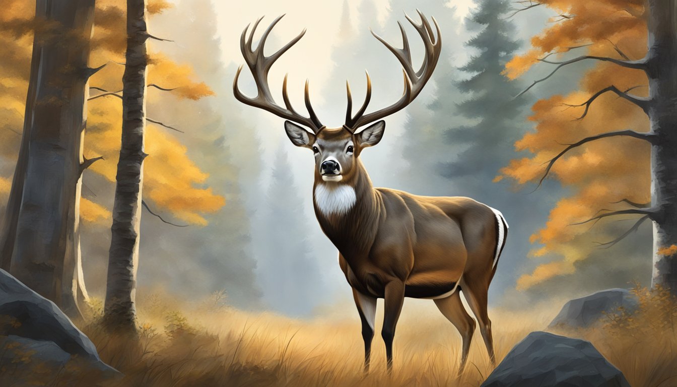 A massive whitetail deer stands proudly in a forest clearing, its antlers reaching out in all directions, showcasing its impressive size and trophy-worthy status