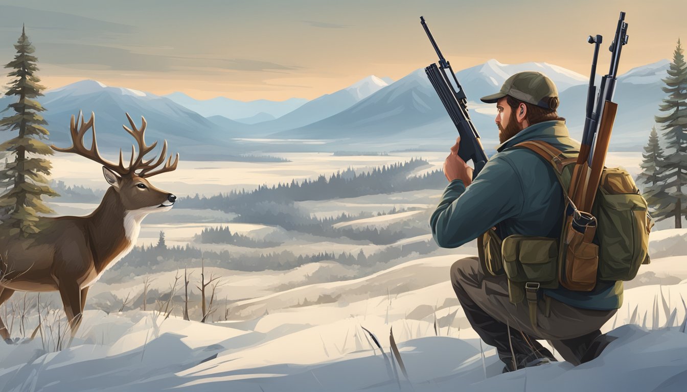 A hunter holding a rifle with a small caliber, looking frustrated as a deer escapes into the distance