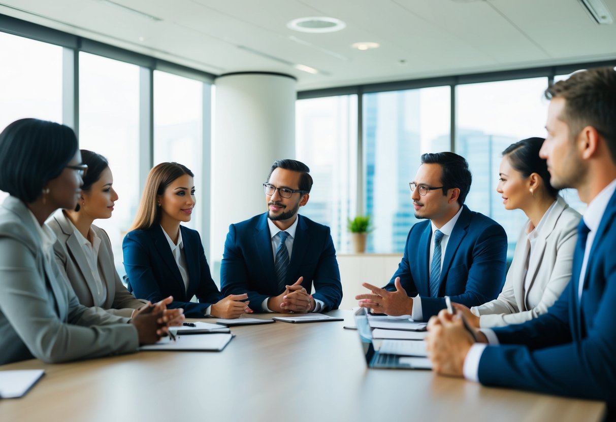 Un groupe de professionnels dans une salle de conférence discutant des défis et des opportunités spécifiques dans des secteurs de niche pour les demandes de propositions (RFP).